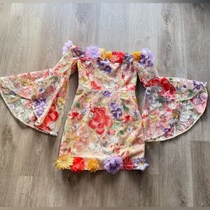 elliatt sophie 3d floral mesh flared sleeve off the shoulder mini dress small